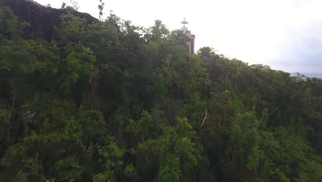Aerial-drone-shot-over-trees-discovering-lighthouse-and-ocean-in-martinique